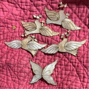 5 NOS Capiz Shell Christmas Ornaments 1 Butterfly + 4 Doves w Pearl Trim Vintage